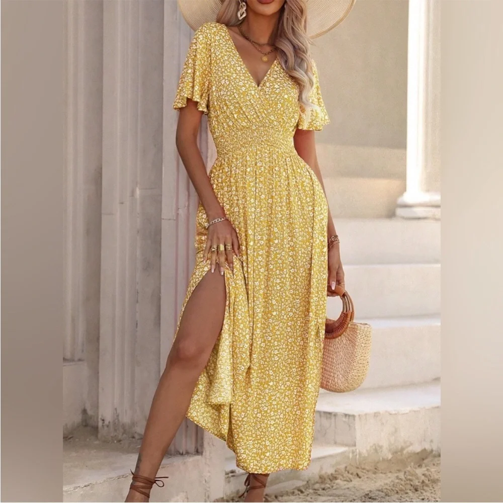 V neck flutter sleeve boho floral print maxi dress pink - Picture 4 of 6